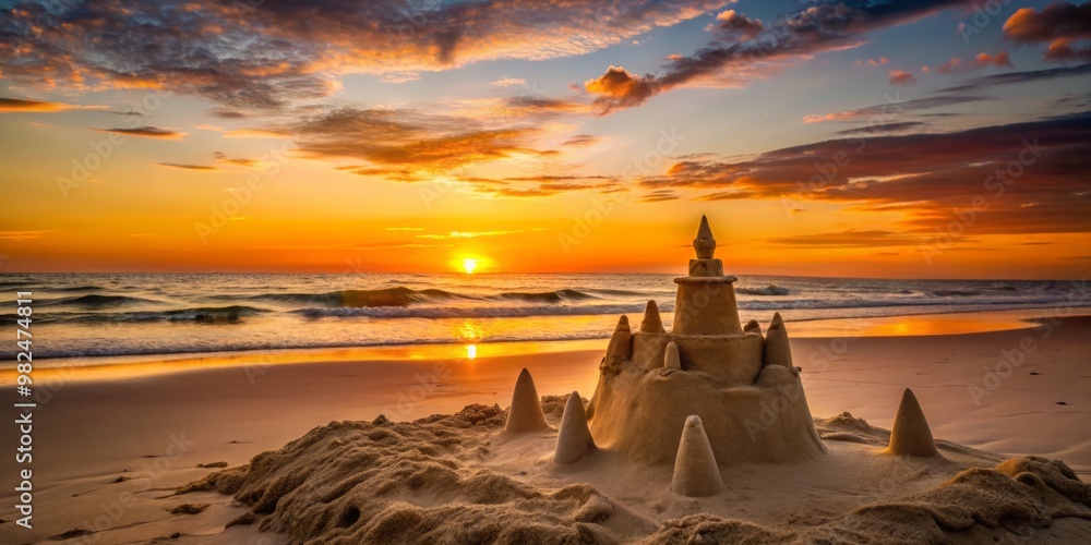 Softly glowing clouds fade into the horizon as the sandcastle's curves dissolve into the dunes, bathed in the Softly glowing clouds fade into the horizon as the sandcastle's curves dissolve into the dunes, bathed in the