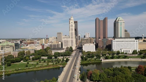 Inspiring 4K aerial view of downtown city with a river and business buildings in Columbus Ohio