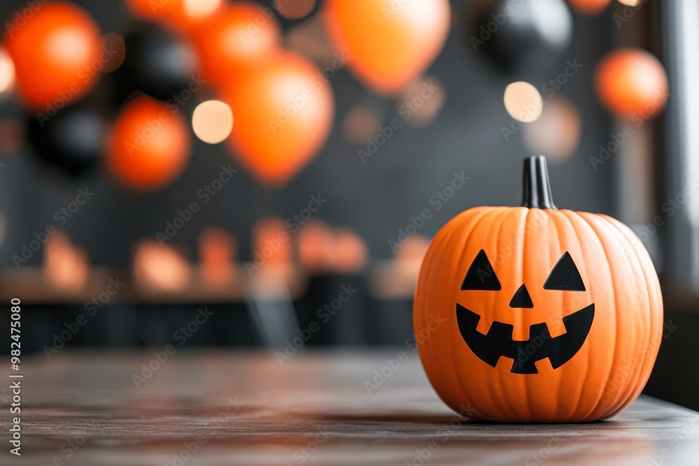 An orange Jack-o'-lantern sits on a wooden surface, with blurry black and orange balloons in the background, perfect for Halloween party promotions, festive greeting cards An orange Jack-o'-lantern sits on a wooden surface, with blurry black and orange balloons in the background, perfect for Halloween party promotions, festive greeting cards