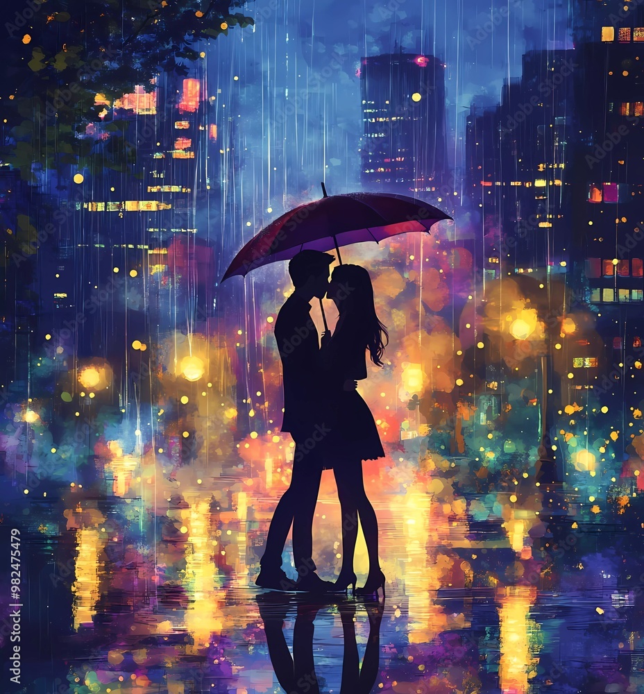 An anime-style illustration of a couple in love, standing under an umbrella and kissing, with city lights and rain at night in the background. An anime-style illustration of a couple in love, standing under an umbrella and kissing, with city lights and rain at night in the background.