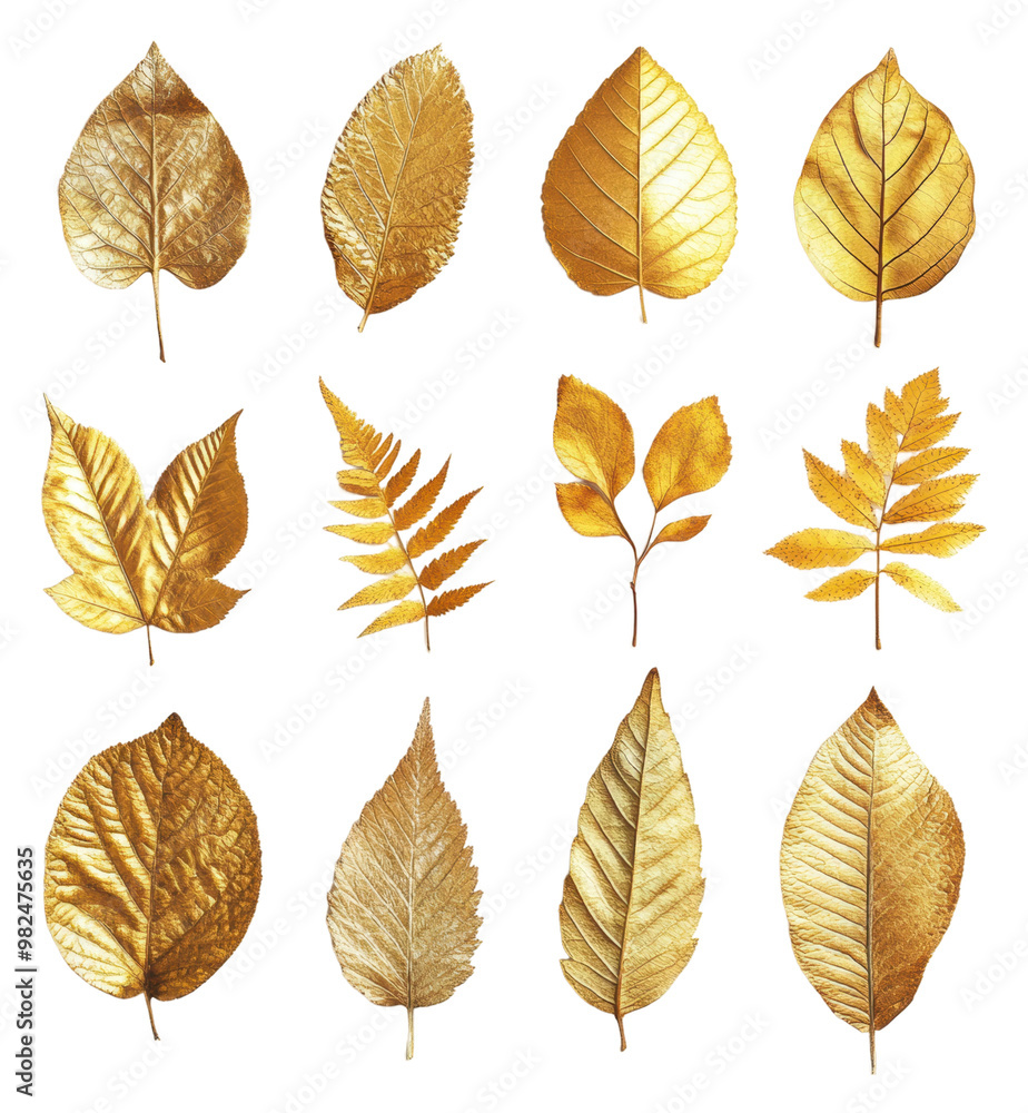 Obraz premium PNG Collection of golden leaves arranged in a grid