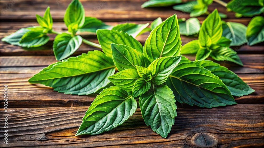 Vibrant green leaves of revered Holy Basil, a sacred Ayurvedic herb, sprawl across a rustic wooden surface, embodying natural health and ancient healing traditions. Vibrant green leaves of revered Holy Basil, a sacred Ayurvedic herb, sprawl across a rustic wooden surface, embodying natural health and ancient healing traditions.