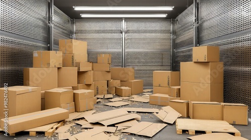 A warehouse mockup featuring a corner dedicated to recycling with neatly flattened cardboard boxes ready for processing.