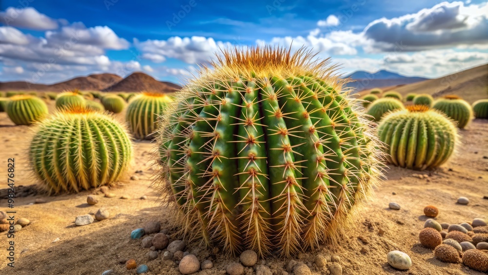 Tall and prickly, the cactus stands sentinel amidst the dry sand, its spherical green seed pods like tiny Tall and prickly, the cactus stands sentinel amidst the dry sand, its spherical green seed pods like tiny