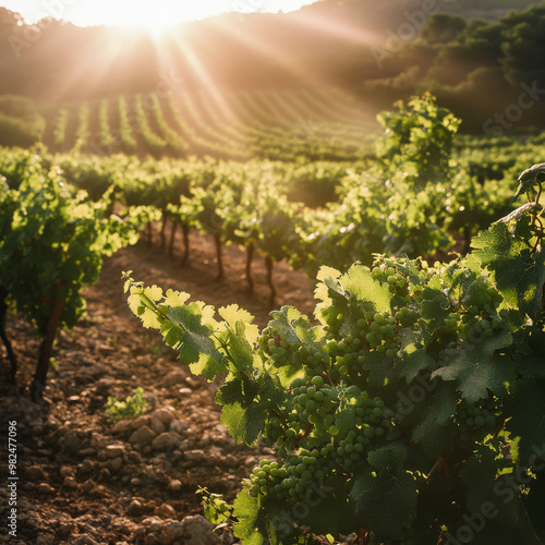 In the Penedes region of Spain, sunbeams bathe a lush vineyard.  Green grape clusters grow plump on vines, surrounded by rows of other vines stretching into the distance. photo