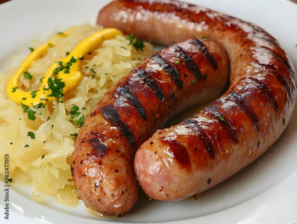 A plate of sausages with mustard and sauerkraut on a wooden board at the Oktoberfest festival A plate of sausages with mustard and sauerkraut on a wooden board at the Oktoberfest festival
