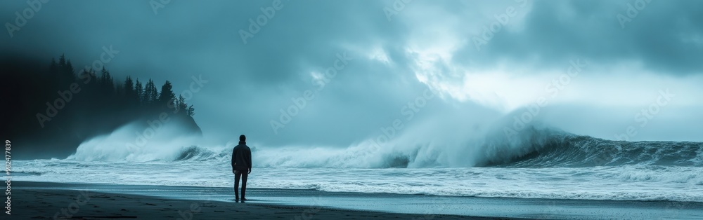 Lone figure on stormy Pacific beach with massive waves crashing Lone figure on stormy Pacific beach with massive waves crashing