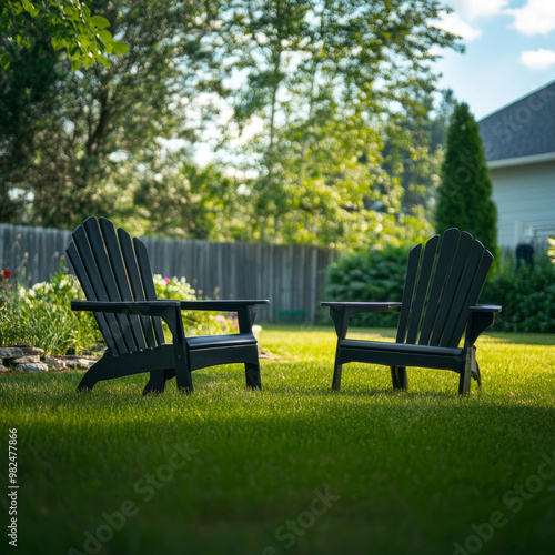 Two chairs stand on the grassy backyard, perfect for relaxing on a summer day.