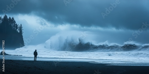 Lone figure on stormy Pacific beach with massive waves crashing