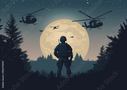 Night of war in situation of soldier standing and hold gun to defend army base and aircrafts fly above,generative AI illustration