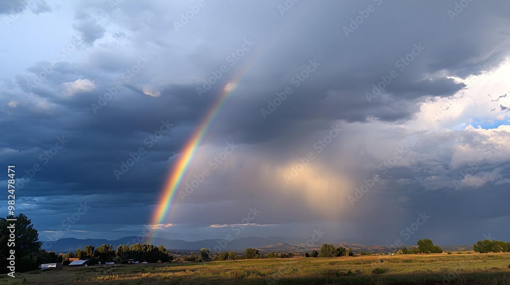 A brilliant rainbow spans the sky following a rainstorm, with its vivid colors contrasting sharply with the remaining dark, moody clouds. The rainbow's arc is clearly defined, providing a bright A brilliant rainbow spans the sky following a rainstorm, with its vivid colors contrasting sharply with the remaining dark, moody clouds. The rainbow's arc is clearly defined, providing a bright