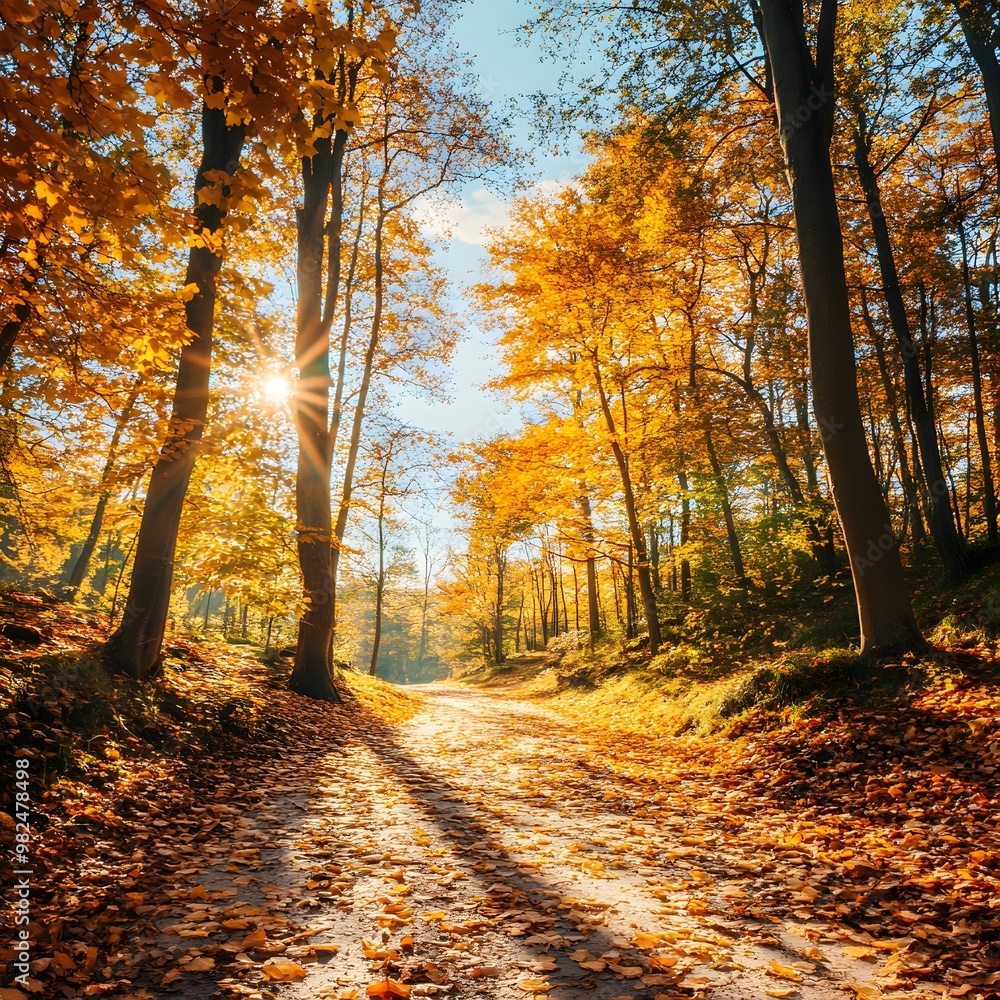 Autumn forest road at warm sunny fall morning. Autumn forest road at warm sunny fall morning.