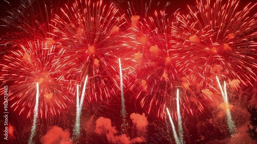 Brilliant red fireworks exploding in a dazzling display, perfect for overlaying on night sky backgrounds. photo