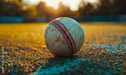 Cricket Ball on the Pitch at Sunset