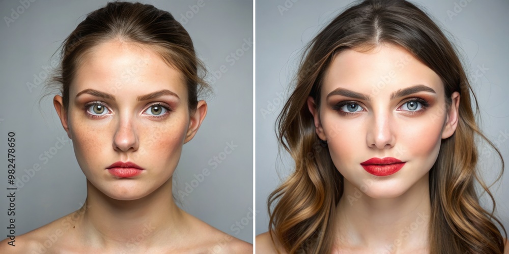 The model's natural beauty shines through without makeup, but with makeup, her looks are elevated, her features The model's natural beauty shines through without makeup, but with makeup, her looks are elevated, her features