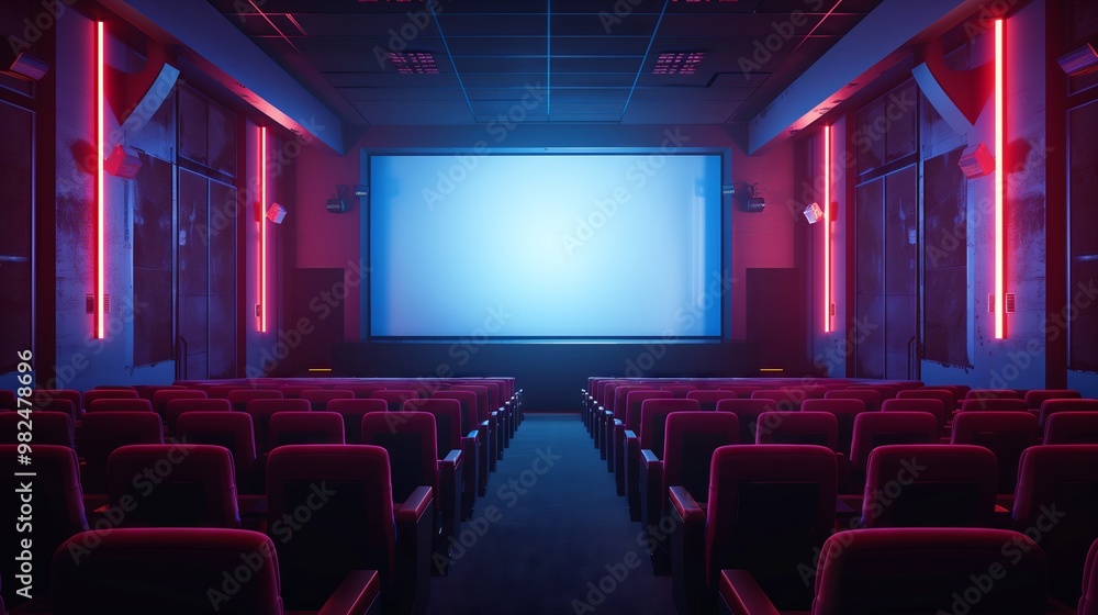 Dreamy Neon Lit Movie Theater with Empty Red Seats Awaiting Audience in Cinematic Ambiance Dreamy Neon Lit Movie Theater with Empty Red Seats Awaiting Audience in Cinematic Ambiance