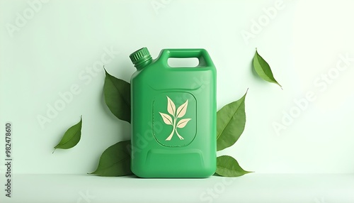 Green fuel container with a plant symbol representing biofuel, bioethanol or biodiesel photo