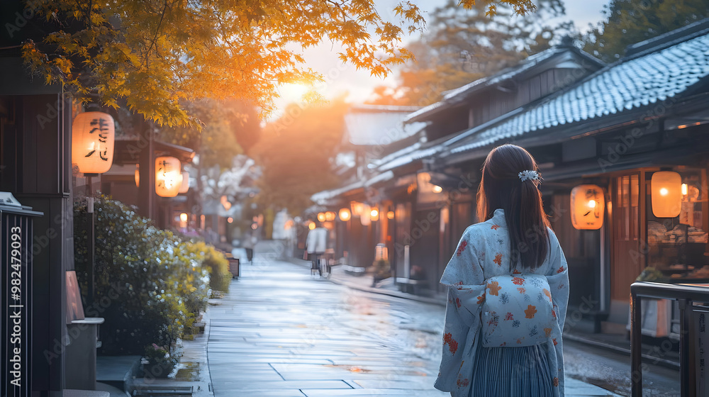 Woman in Kimono Walking Through Japanese Street Woman in Kimono Walking Through Japanese Street