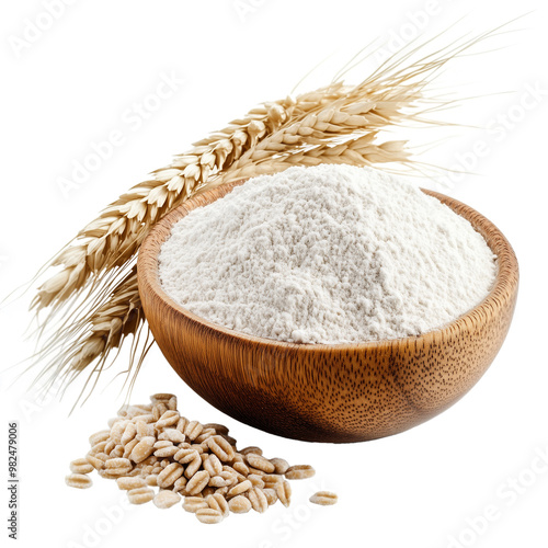 Fototapet Wheat flour in a wooden bowl with an of wheat on a transparent background