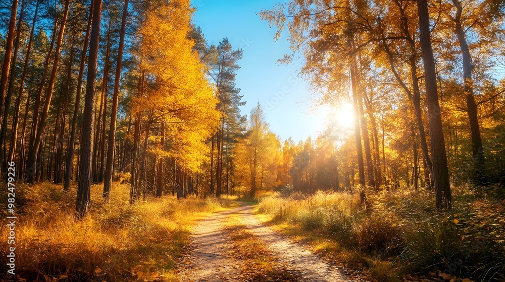 Fototapeta premium Autumn forest road at warm sunny fall morning.