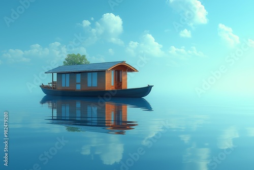 Traditional Kerala Shikara Boat Floating on Tranquil Waters under Blue Sky in Tropical Setting photo