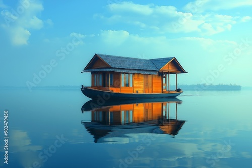 Kerala Houseboat Floating on Peaceful Waters with Perfect Reflections and Clear Blue Skies photo