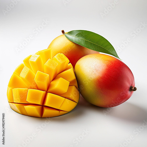Whole mangoes and sliced cut ​​mango isolated on white background