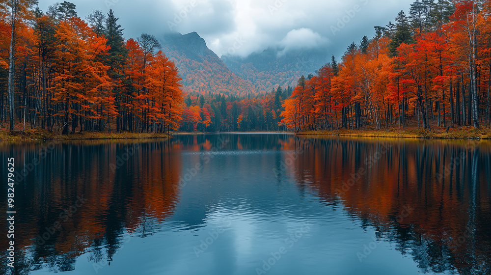Naklejka premium Serene autumn landscape with colorful trees reflecting in the calm waters of an isolated lake, surrounded by a dense forest and mountains