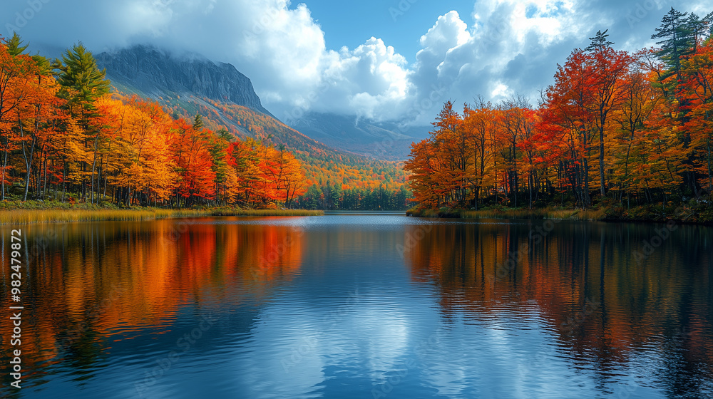 Serene autumn landscape with colorful trees reflecting in the calm waters of an isolated lake, surrounded by a dense forest and mountains Serene autumn landscape with colorful trees reflecting in the calm waters of an isolated lake, surrounded by a dense forest and mountains