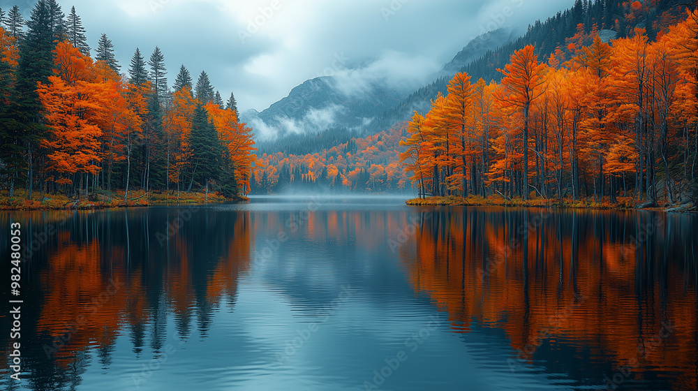 Fototapeta premium Serene autumn landscape with colorful trees reflecting in the calm waters of an isolated lake, surrounded by a dense forest and mountains