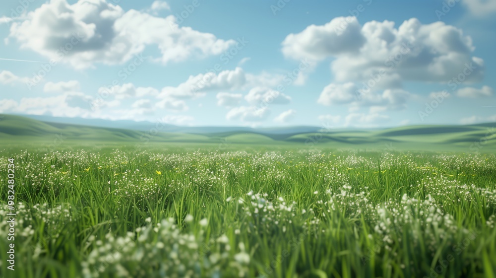 Serene Meadow Landscape with Green Grass and White Wildflowers Under a Blue Sky with Fluffy Clouds Serene Meadow Landscape with Green Grass and White Wildflowers Under a Blue Sky with Fluffy Clouds