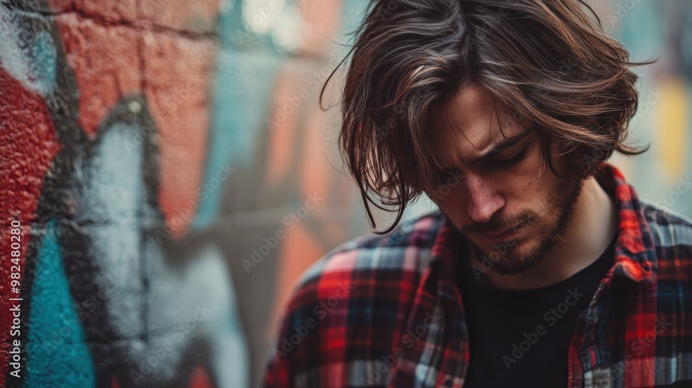 A thoughtful man with long hair and a plaid shirt stands near a colorful graffiti wall, looking down in contemplation. A thoughtful man with long hair and a plaid shirt stands near a colorful graffiti wall, looking down in contemplation.