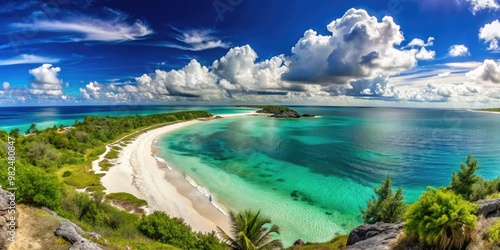 Softly lapping waves caress the shore, where powdery white sand meets the cerulean blue horizon, fringed with a delicate lace of sea foam and sun-kissed turquoise waters. photo