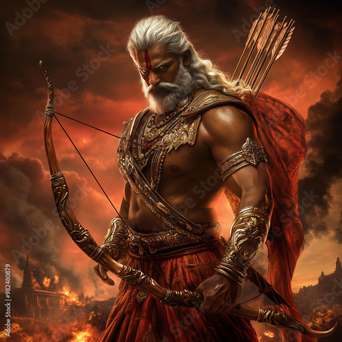Arjuna Mahabharata with white hair wearing full Indian armor hold bow stands in front of an ancient temple
