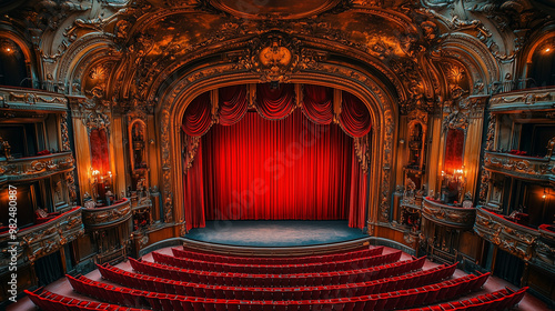 Theater with red velvet seats and a stage curtain