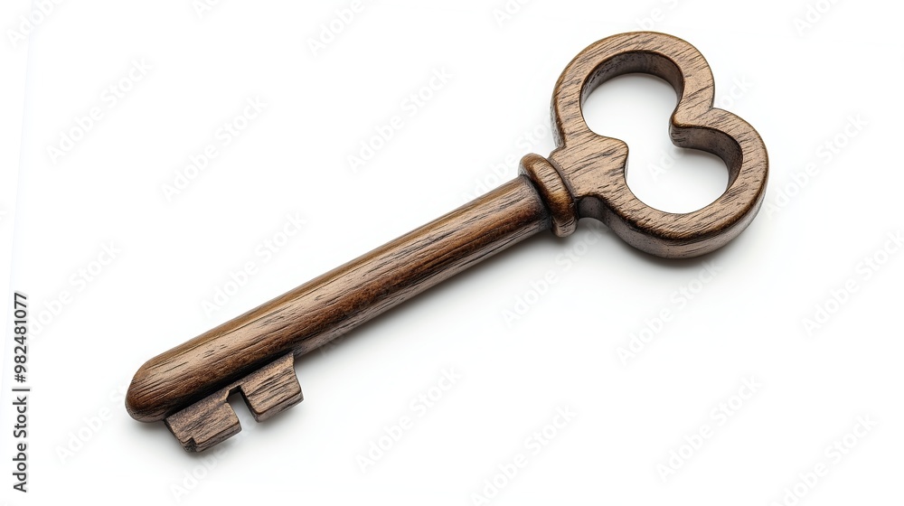 one single old wooden antique key isolated on white background one single old wooden antique key isolated on white background
