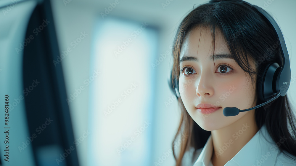 Asian female Call center agent isolated on a light grey background with room for copy, business, communications, technology, customer service Asian female Call center agent isolated on a light grey background with room for copy, business, communications, technology, customer service