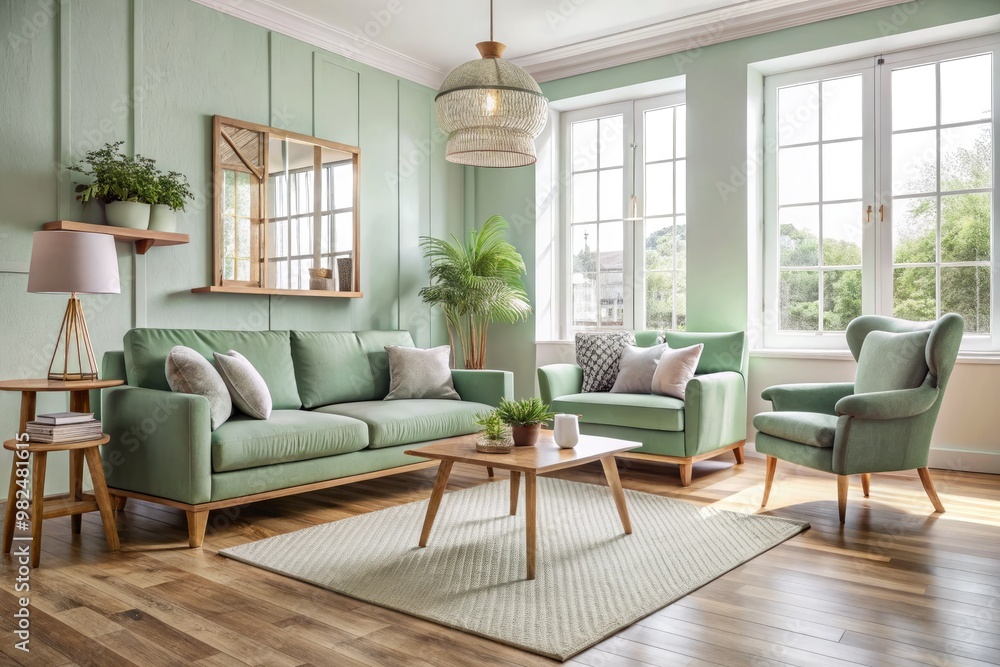 Soft mint hues embracing a serene living room, where wooden accents and natural light converge to create a calming atmosphere. Soft mint hues embracing a serene living room, where wooden accents and natural light converge to create a calming atmosphere.