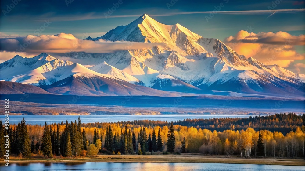 Obraz premium Towering above the Alaskan landscape, Mount Susitna's snow-capped summit looms large, a beacon of rugged grandeur