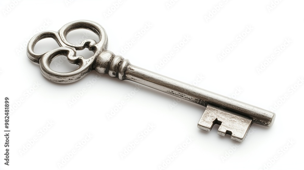 one single old silver antique key isolated on white background one single old silver antique key isolated on white background