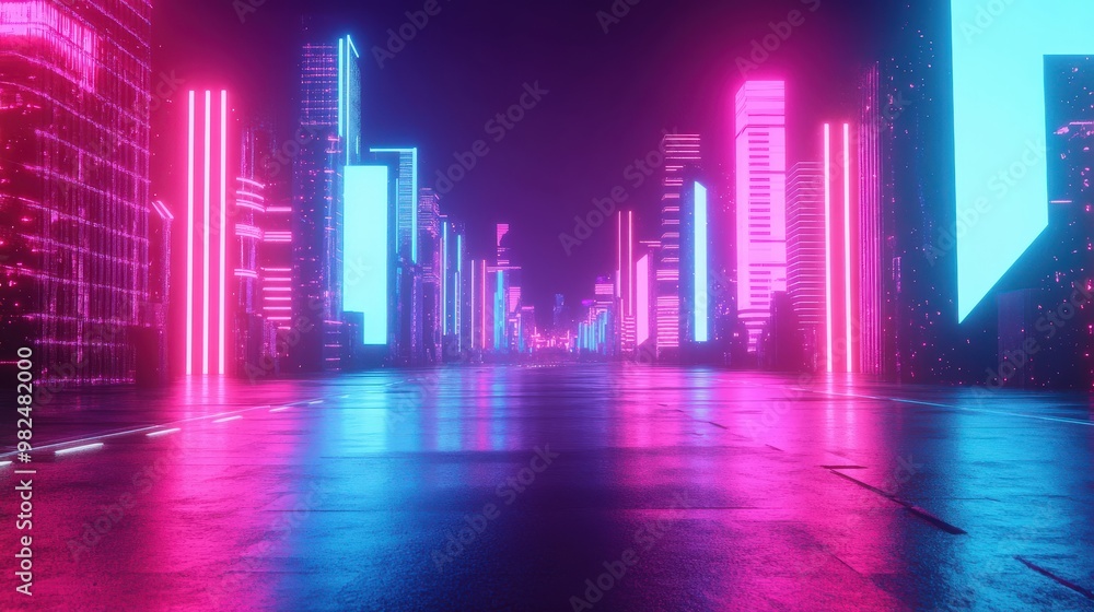 Obraz premium New Year 2025, 80s retro-futuristic style, glowing arcade elements, neon lights, electric blue and pink hues, futuristic cityscape, 3D illustration, Copy for text, no text, no logo