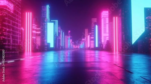 New Year 2025, 80s retro-futuristic style, glowing arcade elements, neon lights, electric blue and pink hues, futuristic cityscape, 3D illustration, Copy for text, no text, no logo