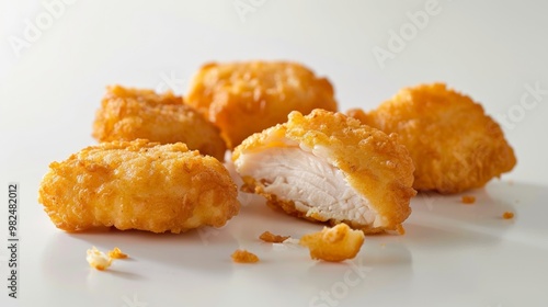 Crispy chicken nuggets piled on a clean surface, showcasing a golden brown texture with a bite taken out of one. Perfect for snacks.