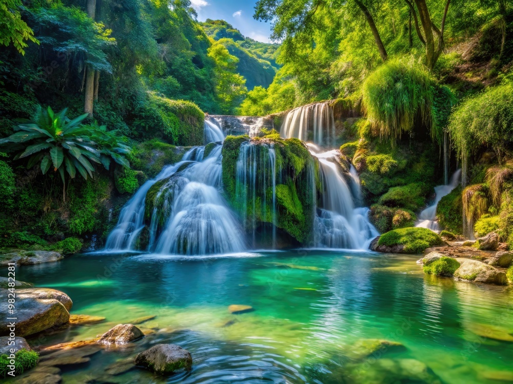 Obraz premium Sparkling water cascades down moss-covered rocks, surrounded by lush green foliage and vibrant wildflowers, creating a serene oasis in the heart of nature.