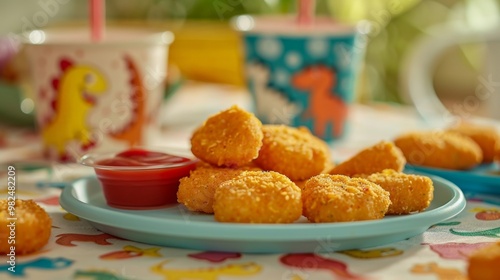Delicious golden chicken nuggets served with ketchup in a playful setting, perfect for kids and family gatherings.