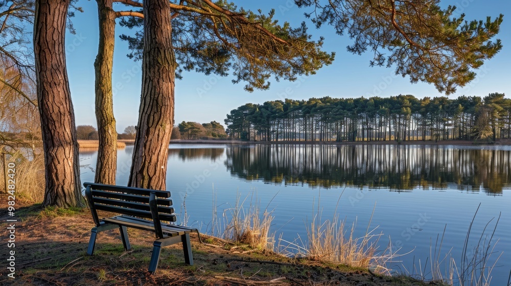 Fototapeta premium Serene lakeside view with a black bench under tall trees in a peaceful landscape