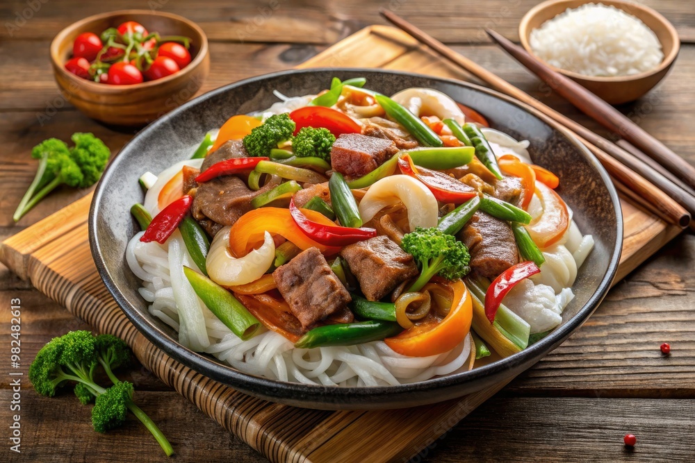 Stir-fried wide rice noodles mingle with tender meat, fresh fish, and an assortment of pungent aromatic vegetables in a savory and satisfying culinary fusion. Stir-fried wide rice noodles mingle with tender meat, fresh fish, and an assortment of pungent aromatic vegetables in a savory and satisfying culinary fusion.