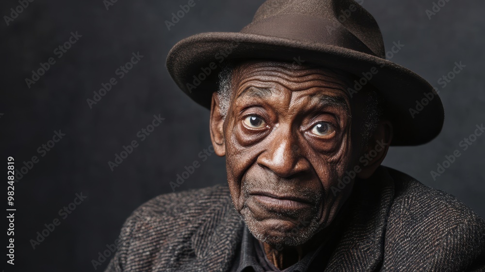 Portrait of an elderly African man with a wrinkled face, wearing a hat and coat, displaying exaggerated confusion against a gray background with subtle lighting. Portrait of an elderly African man with a wrinkled face, wearing a hat and coat, displaying exaggerated confusion against a gray background with subtle lighting.