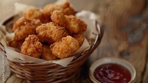 Delicious Crispy Chicken Nuggets in a Basket with Dipping Sauce
