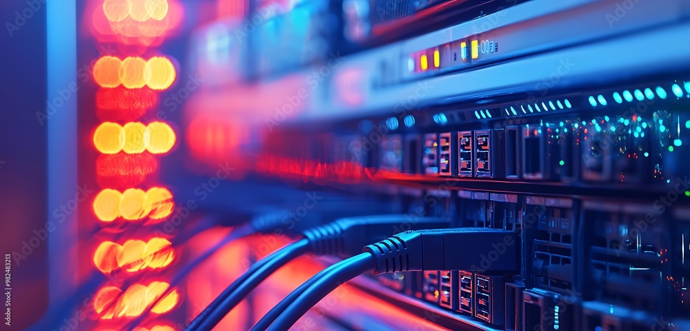 Naklejka premium Ethernet cables in data center linked to switches, showing telecommunication setup.